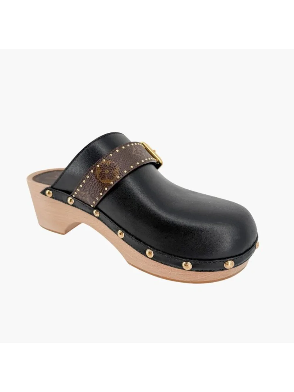 Louis Vuitton LV Cottage Mule Clogs Black Leather Size 39 US 9 Women's Wooden